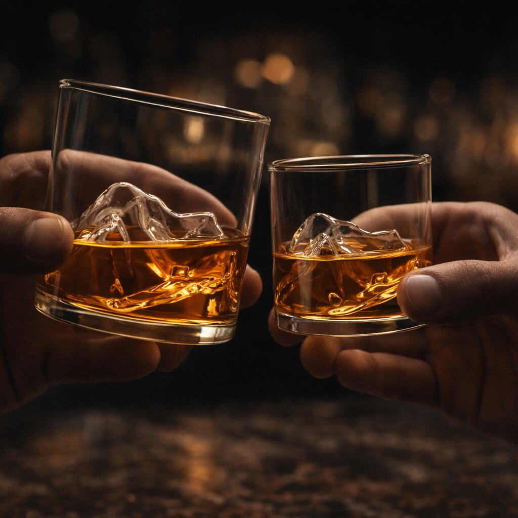 Two hands holding glasses of whiskey with ice cubes against a dark background