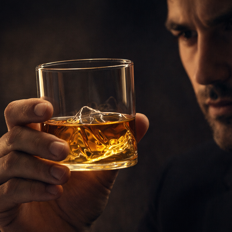 Man holding a glass of whiskey with a dark background