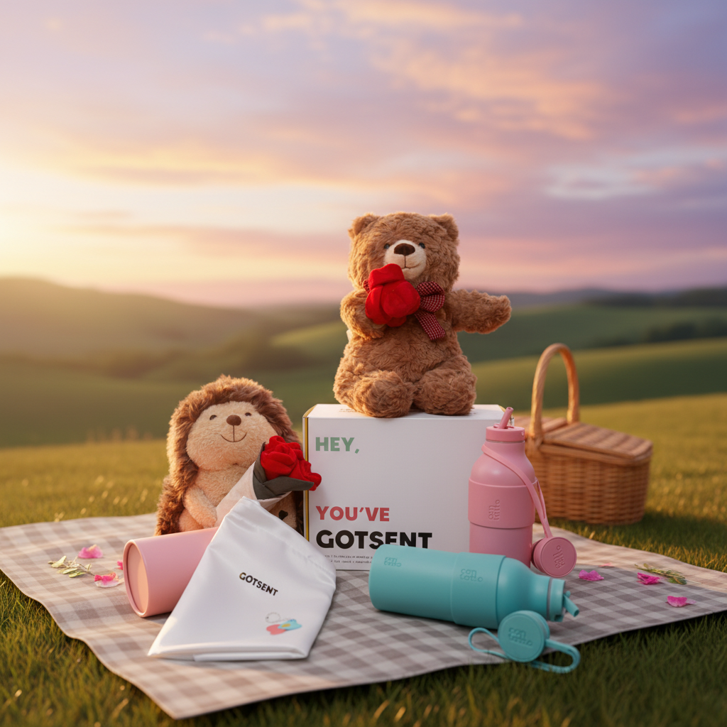 Two teddy bears with a box labeled 'You've Got Sent' on a picnic blanket with a scenic background.