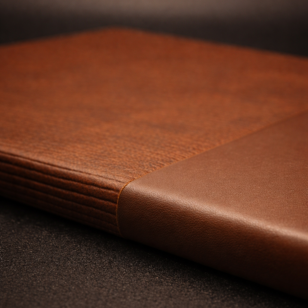 Close-up of a brown leather notebook on a dark surface