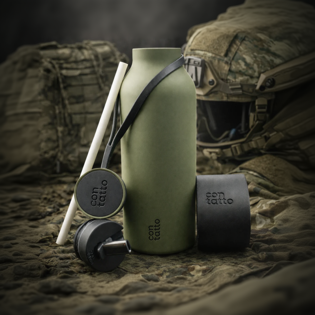 Stainless steel water bottle in army green. Design layout by GOTSENT.