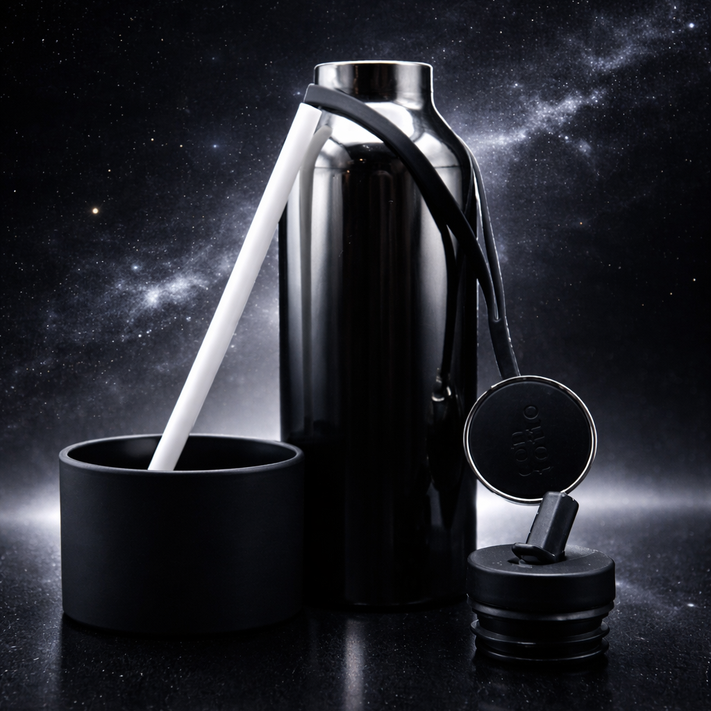 Stainless steel thermos with black lid against a dark, starry space-themed background, designed by GOTSENT