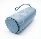 Blue thermos bottle with a straw lid on a white background