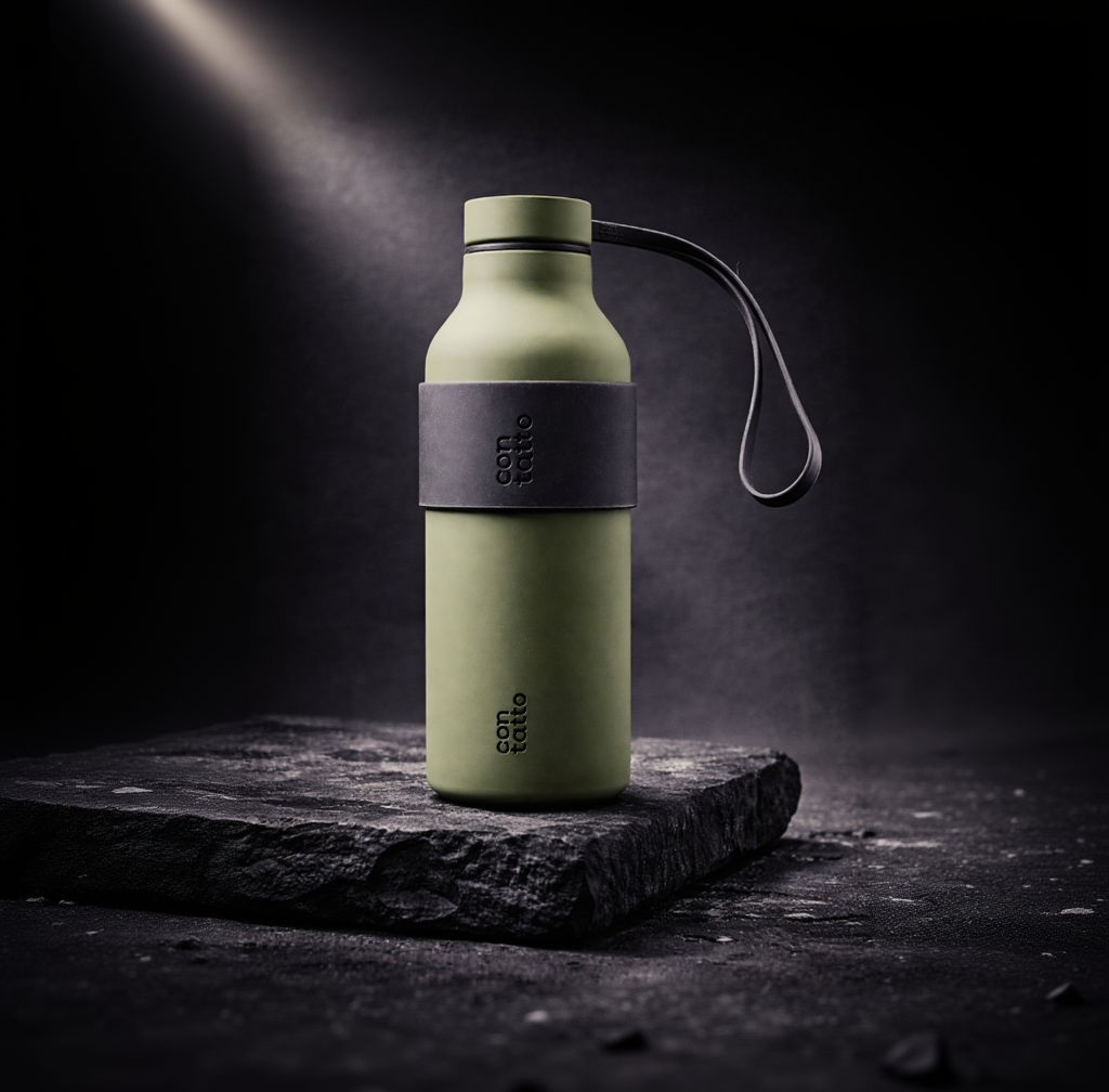 Army green water bottle with silicone grip and soft touch silicone finishing