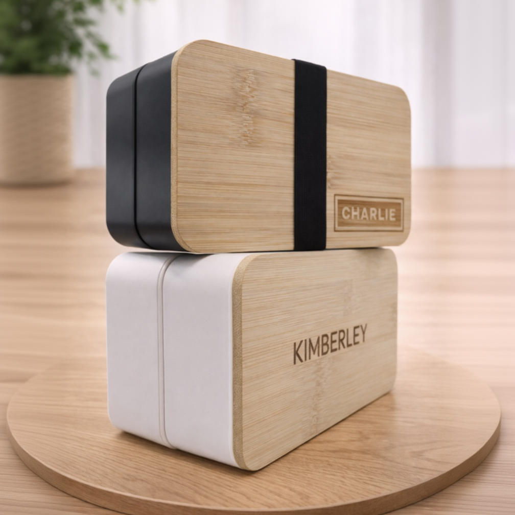 Black and white food containers with personalised names on bamboo lid by GOTSENT