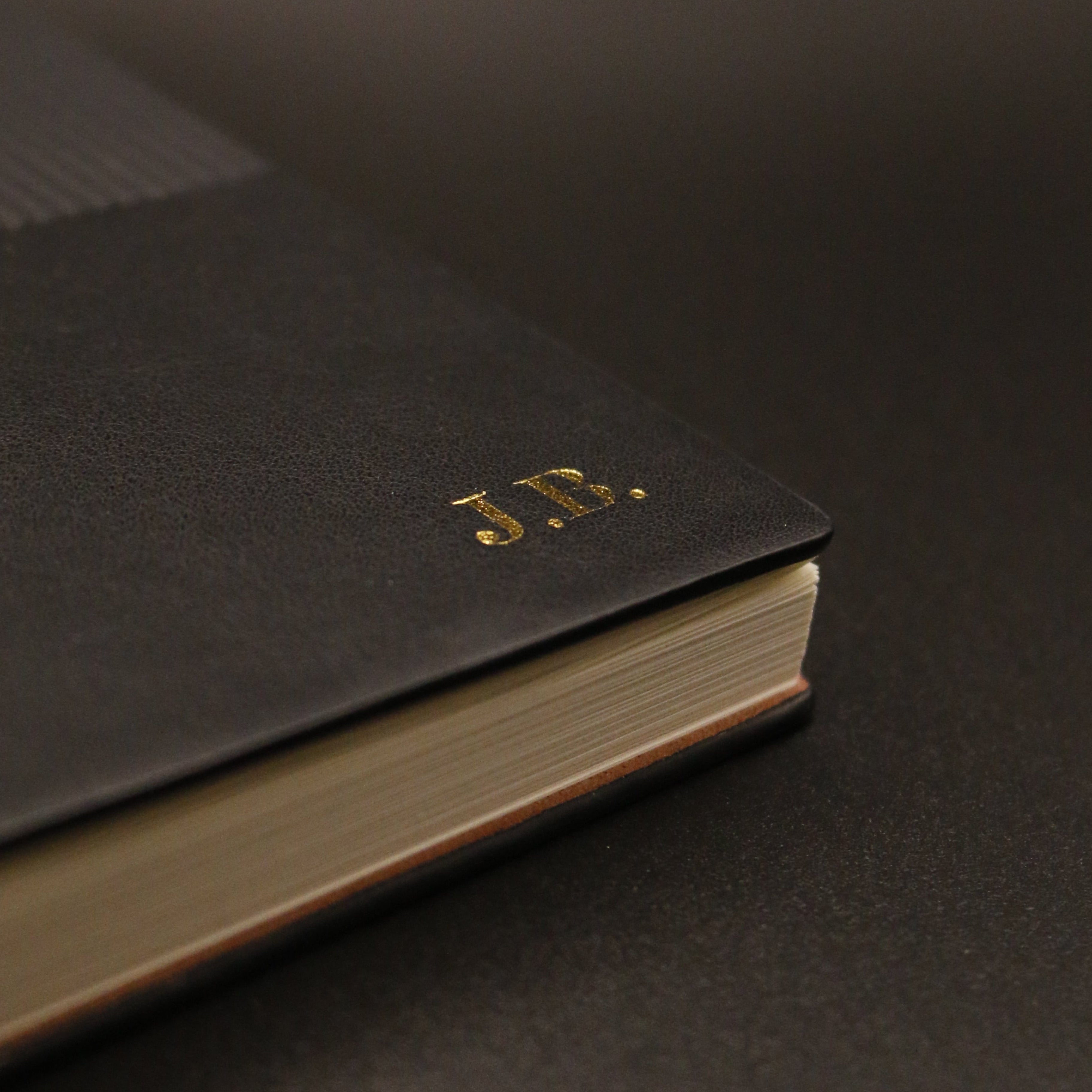 Gold foil name personalised on black leather A5 journal cover by GOTSENT
