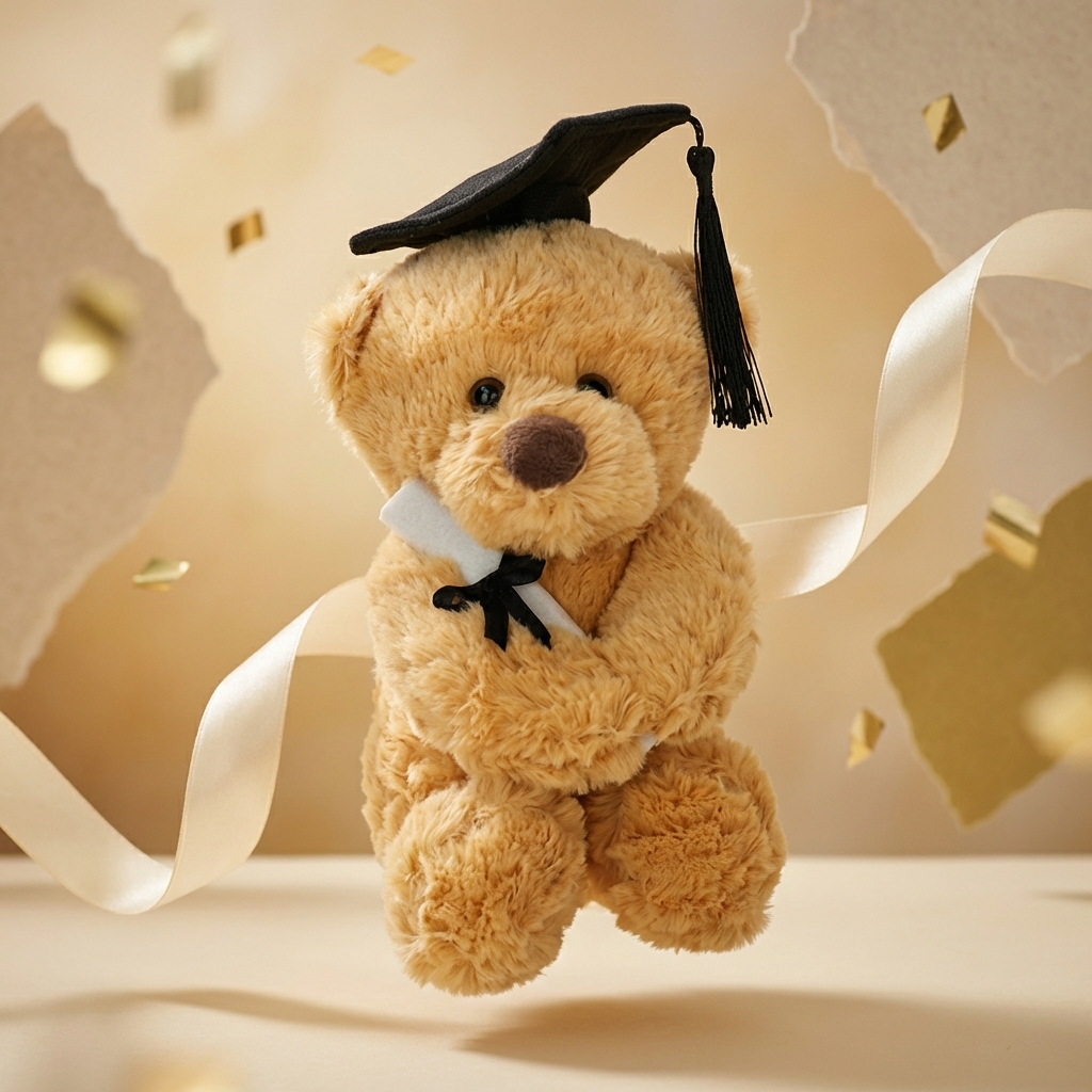Graduation-themed teddy bear with a cap and diploma against a celebratory background.