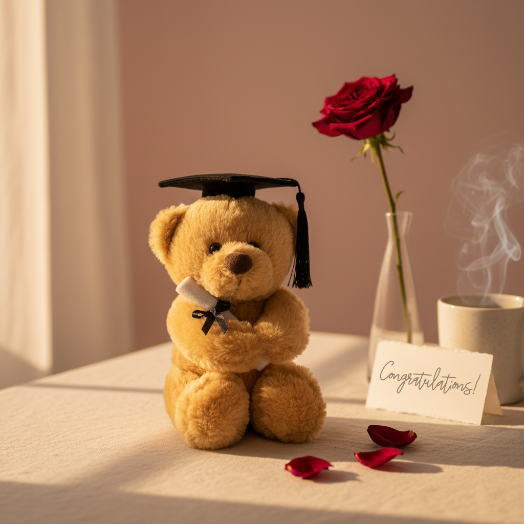 Graduation-themed teddy bear with a red rose and 'Congratulations!' card on a soft surface.