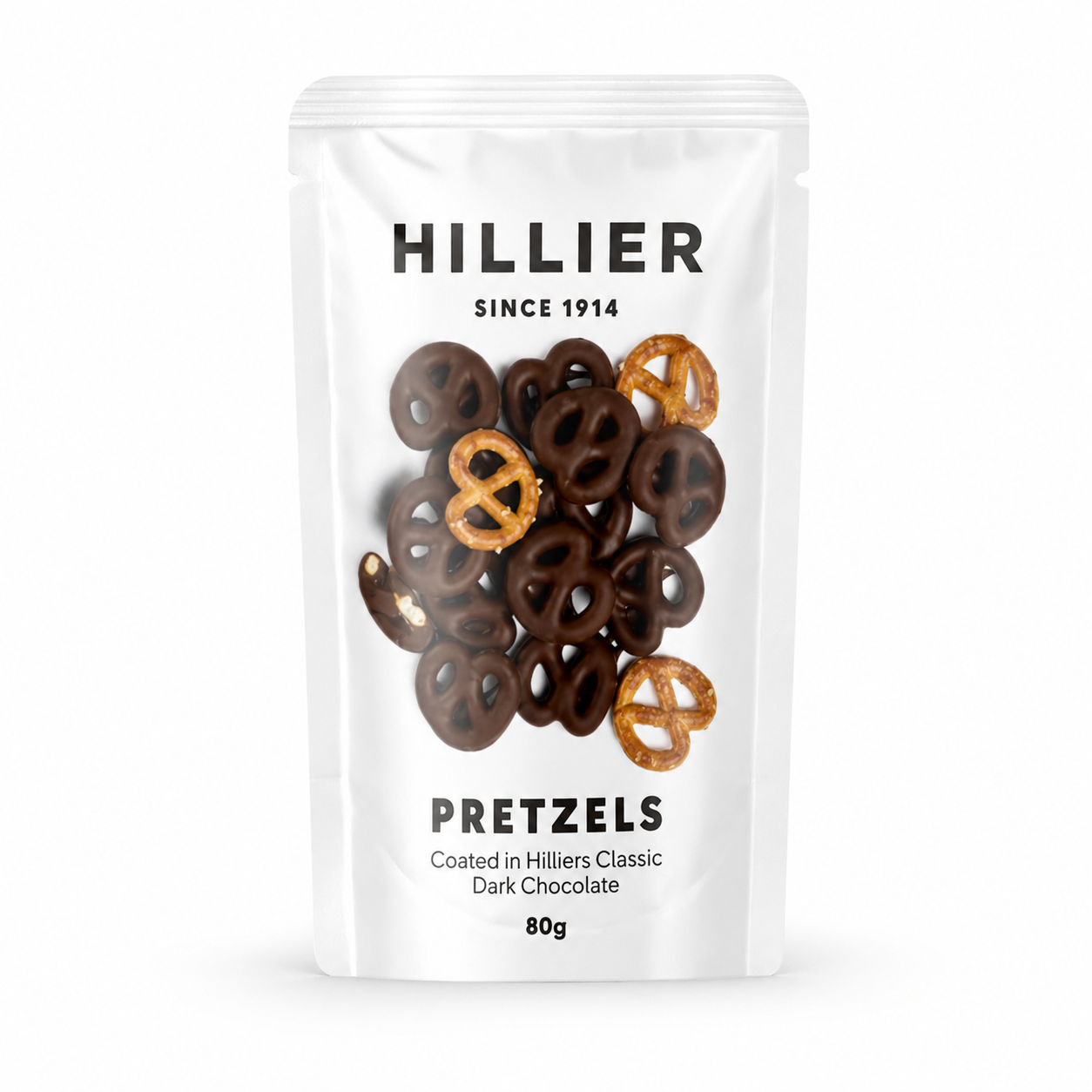 Hillier Dark Chocolate Coated Pretzels 80g white pouch