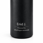 Black water bottle with text 'Enid J. Powered by dihydrogen monoxide.' on a white background