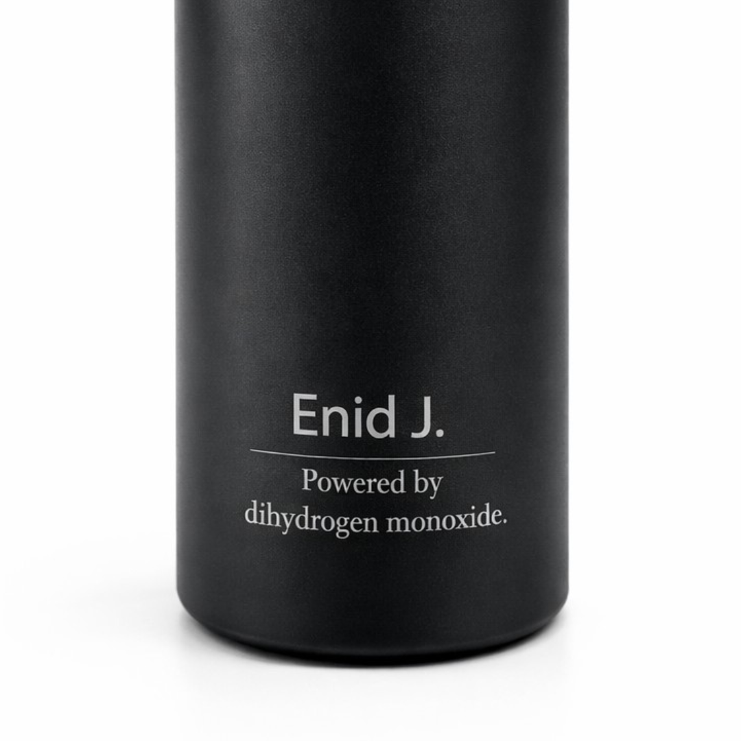 Black water bottle with text 'Enid J. Powered by dihydrogen monoxide.' on a white background