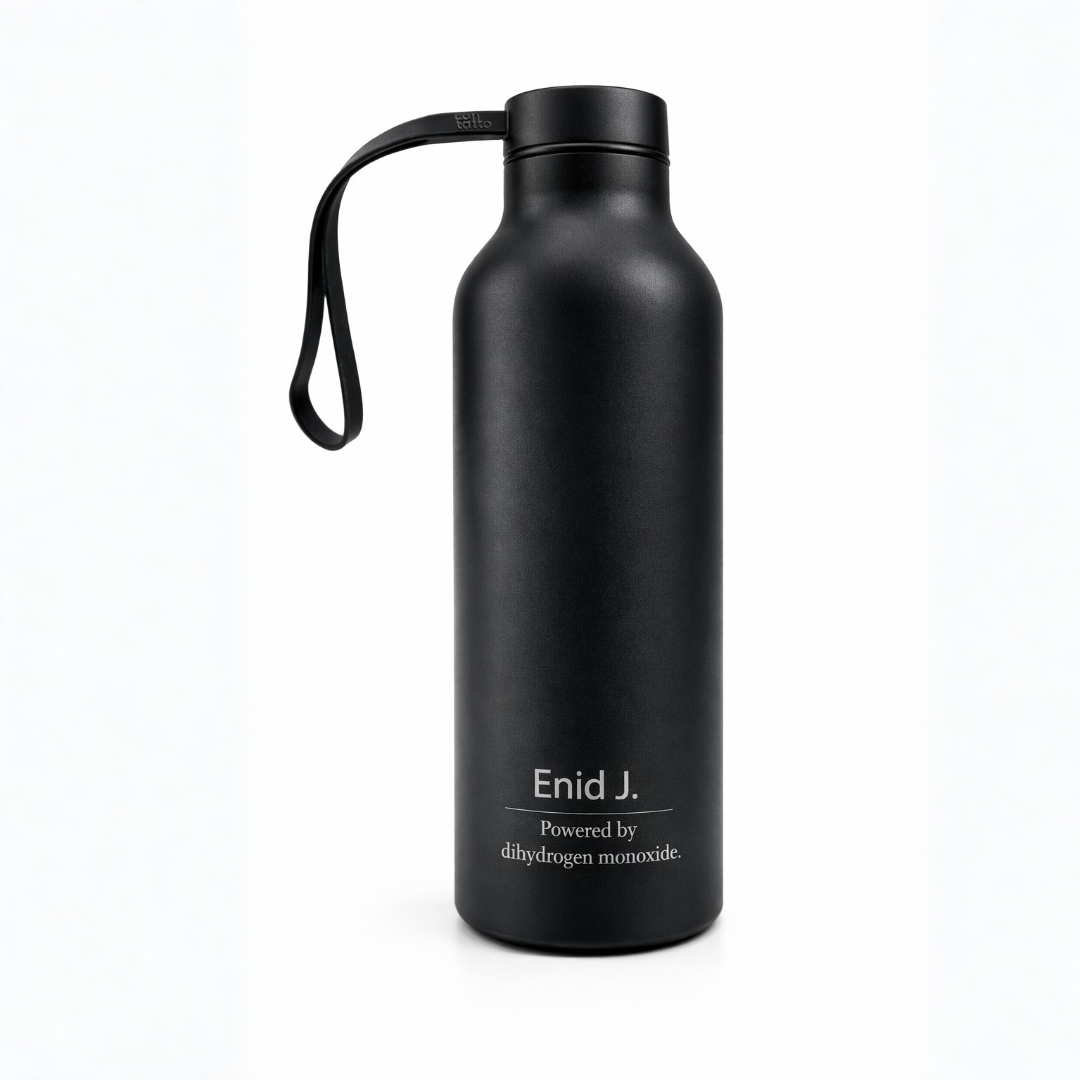 Personalised name and message on stainless steel black water bottle by GOTSENT