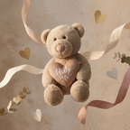 Teddy bear with a heart that says 'Hug me' on a beige background with ribbons and hearts.