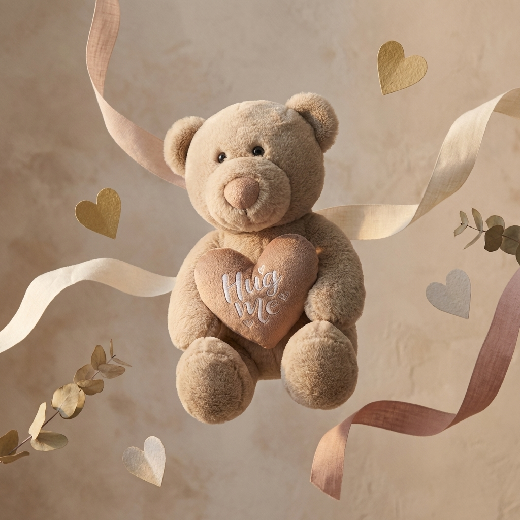 Teddy bear with a heart that says 'Hug me' on a beige background with ribbons and hearts.