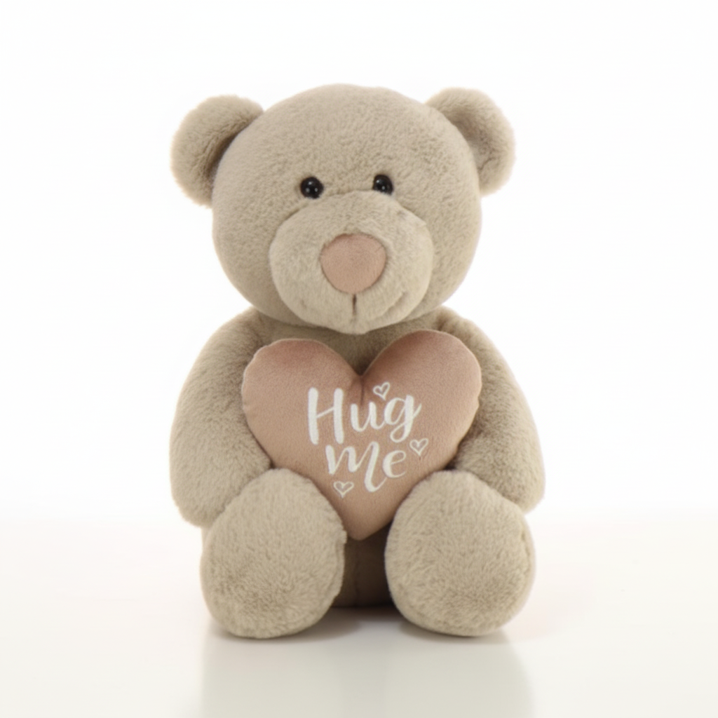 Plush teddy bear holding a heart-shaped pillow with 'Hug Me' text on a white background