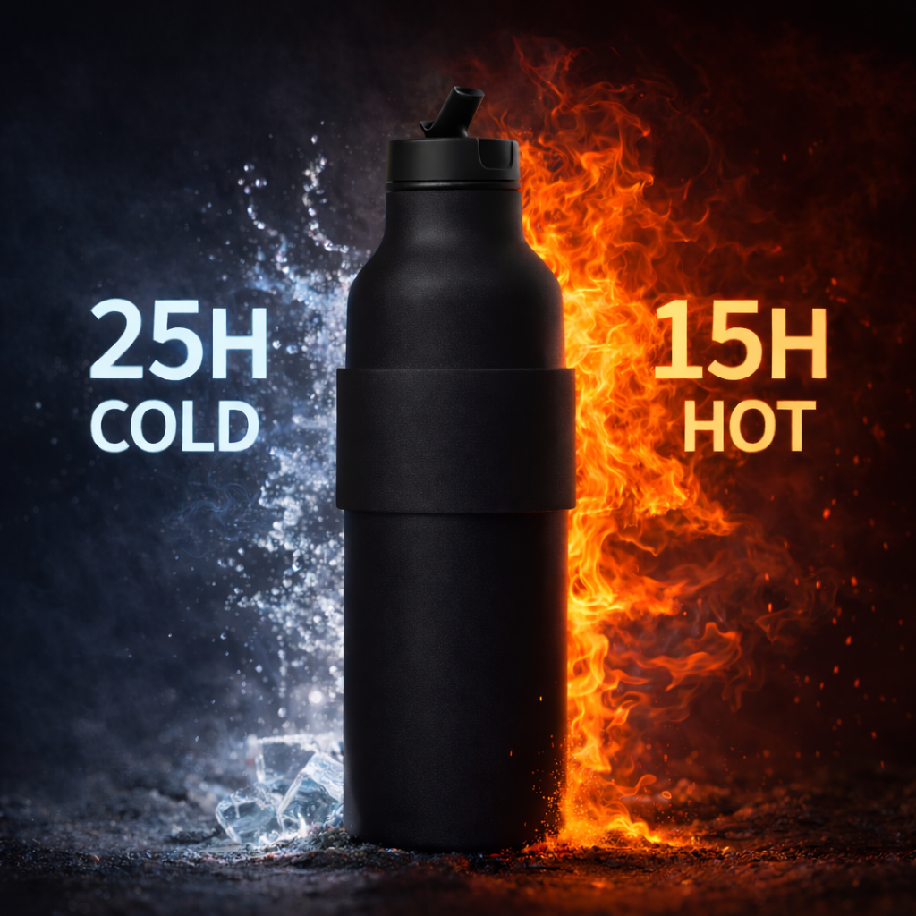 Black insulated bottle with temperature text '25H Cold' and '15H Hot' against a fiery and icy background.