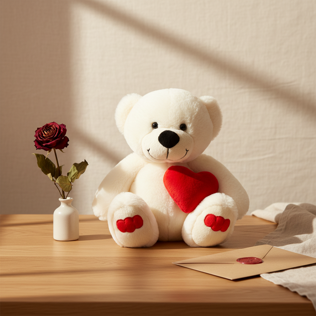 White teddy bear with a red heart on a wooden table with a vase of flowers and an envelope.