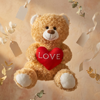 Teddy bear holding a red heart with 'LOVE' on a beige background with decorative elements.
