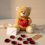 Teddy bear with a heart that says 'LOVE', surrounded by rose petals and an envelope on a light background.