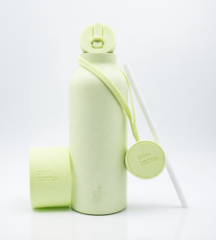 Light green water bottle with cap and strap on a white background