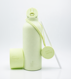 Light green water bottle with cap and strap on a white background