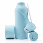 Light blue silicone water bottle with multiple components on a white background