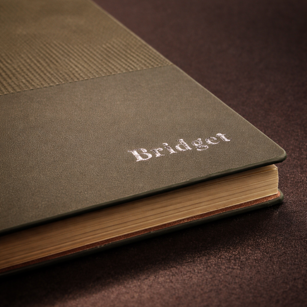 Close up personalised silver foil hot press name on journal cover