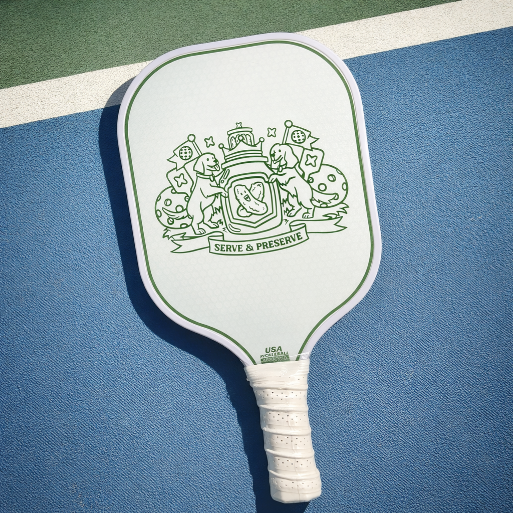 Pickleball paddle with a design on a blue surface
