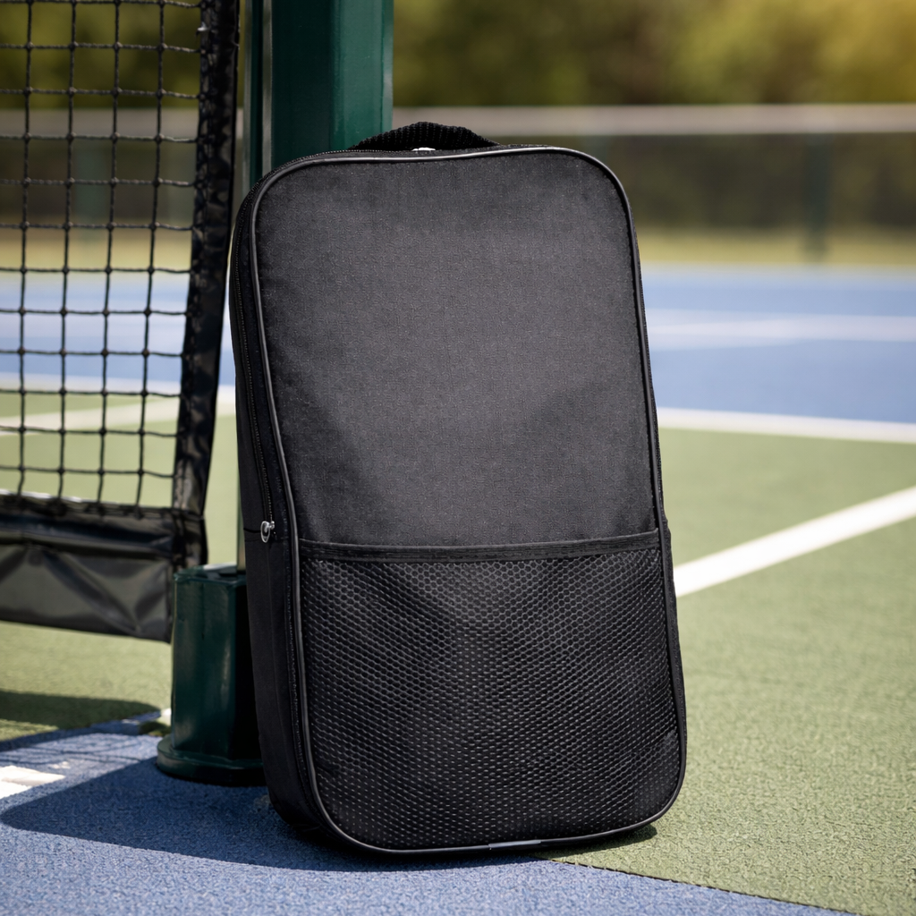 Black backpack on a tennis court