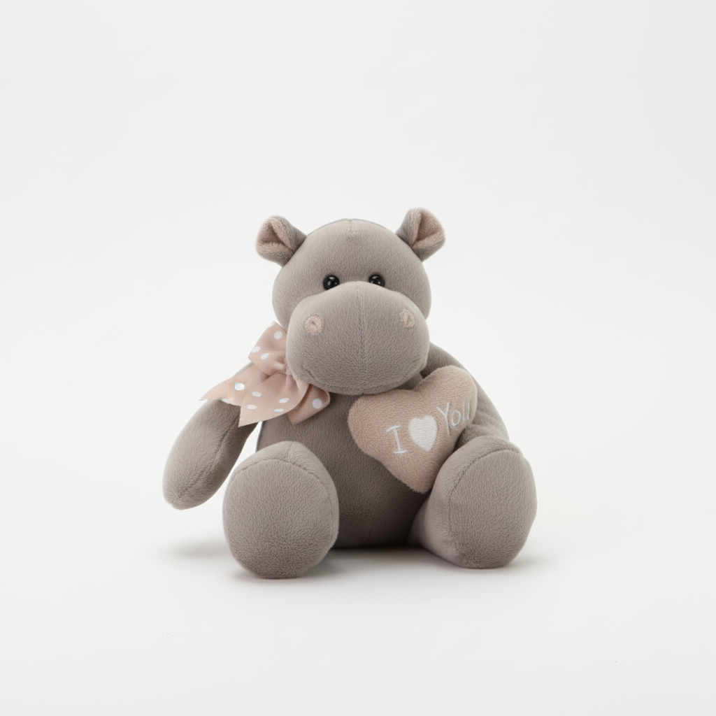 Plush hippo toy with a heart and bow on a white background