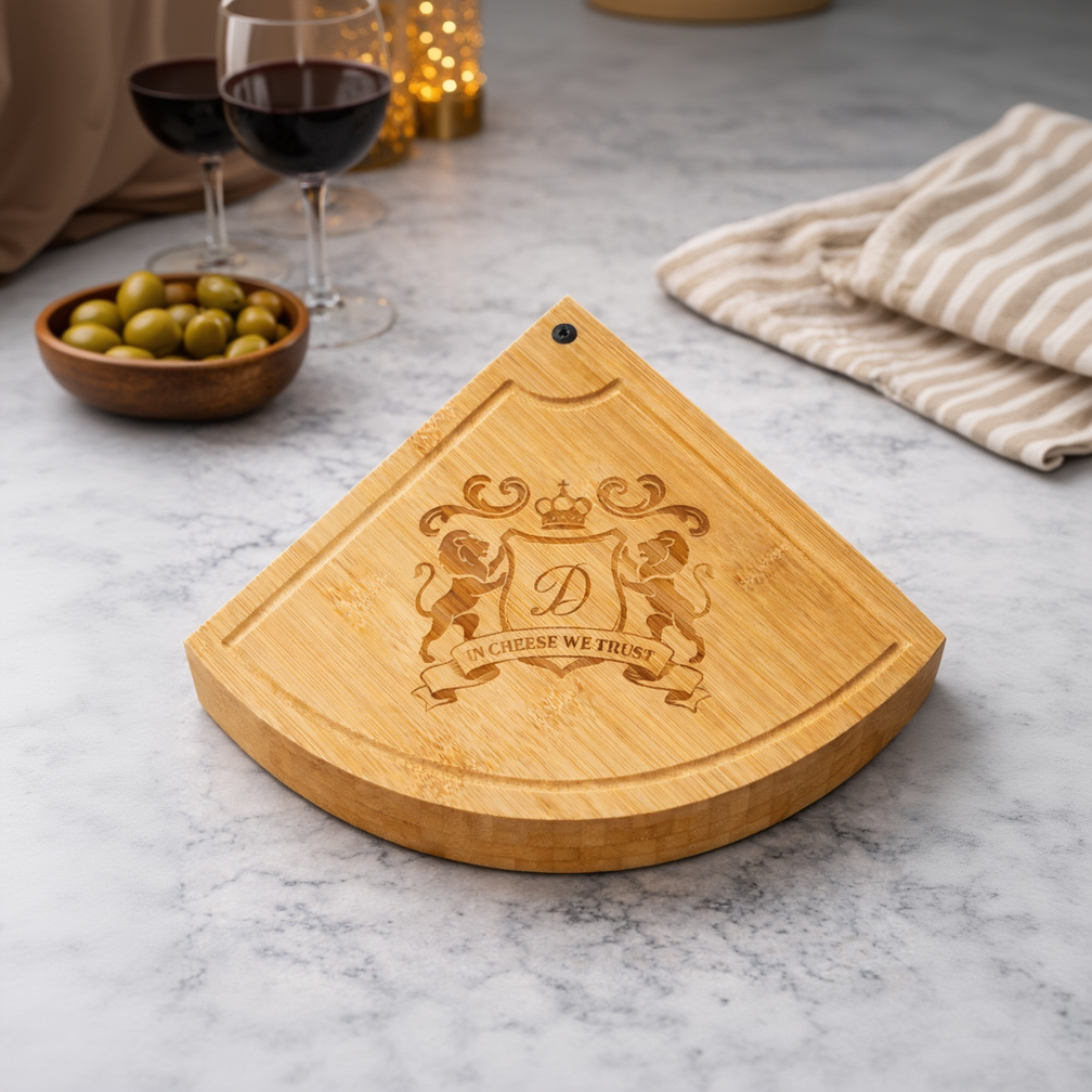 Wooden cheese board with personalised emblem design engraving by GOTSENT