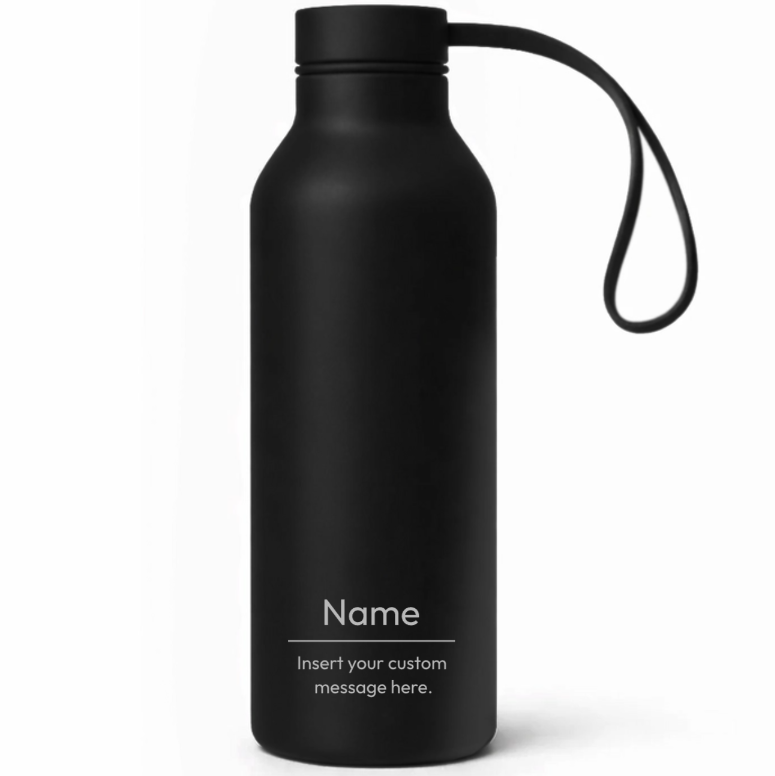 Black water bottle with a customizable message on a white background
