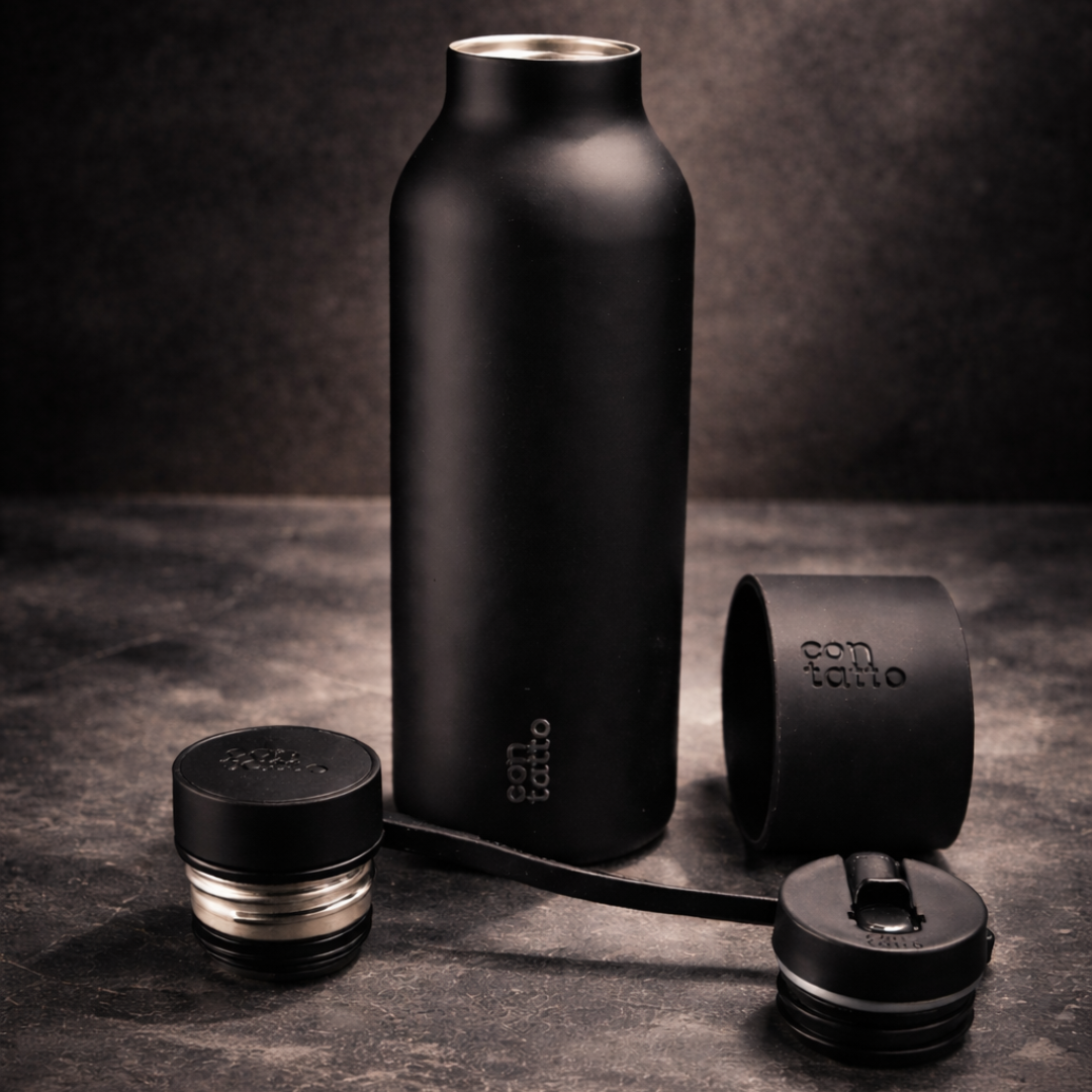 Black water bottle with accessories