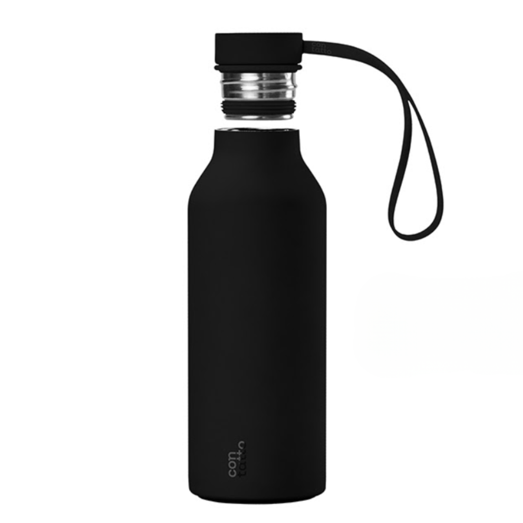 Black water bottle with a strap on a white background