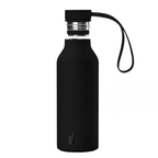 Black water bottle with a strap on a white background
