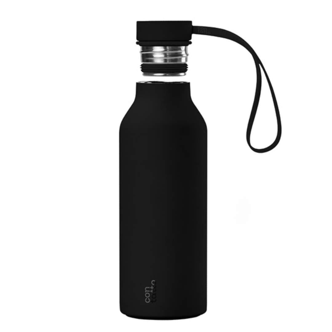 Black water bottle with a strap on a white background