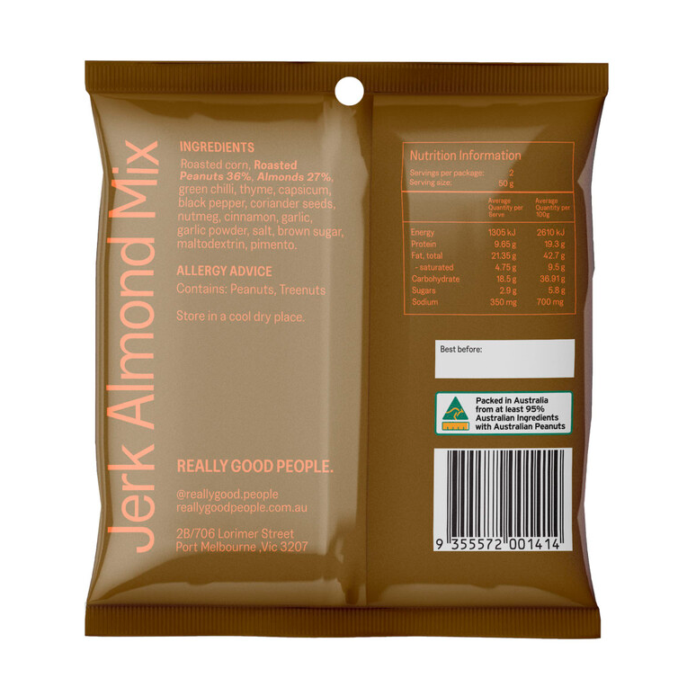 Brown package of Jerk Almond Mix with nutritional information and branding details.