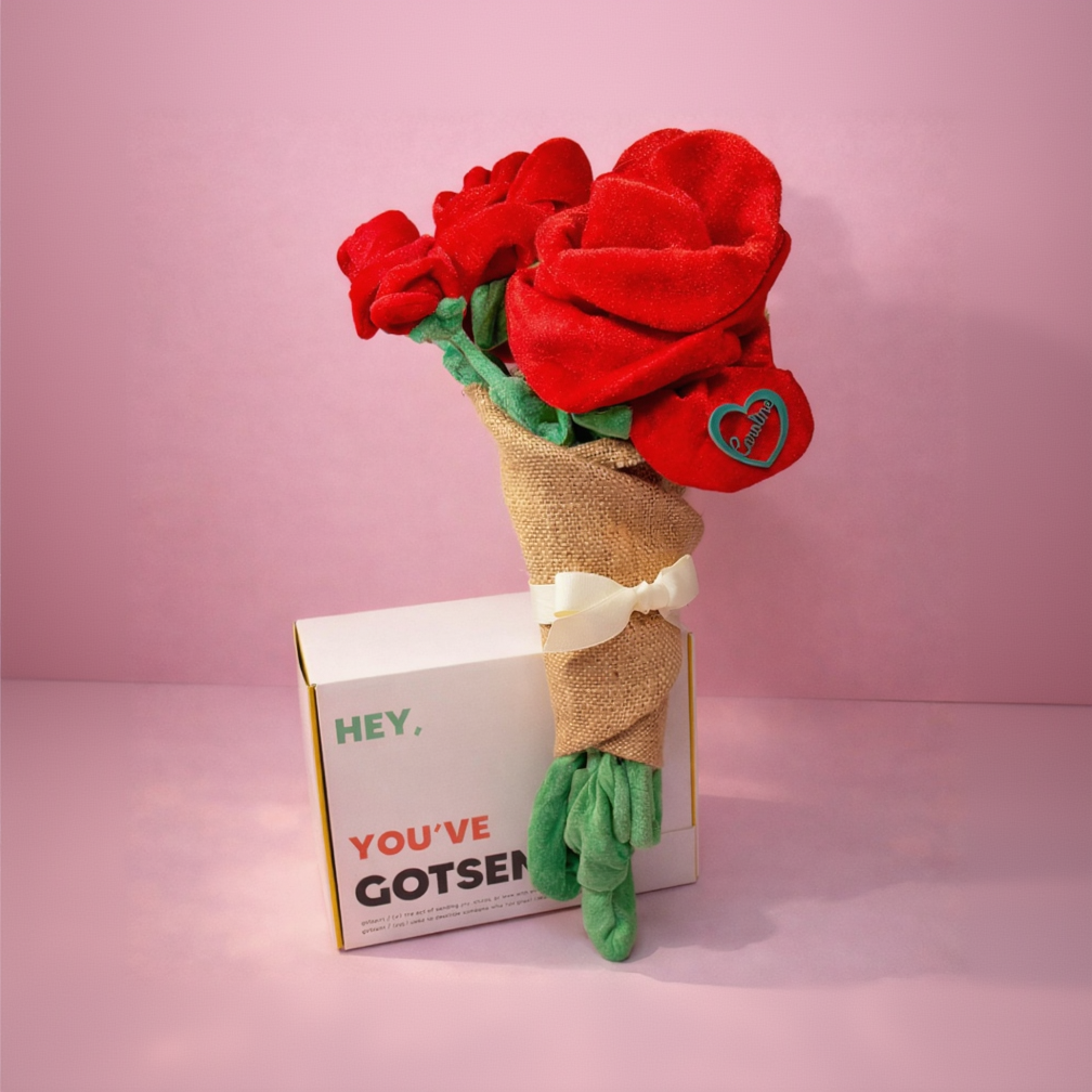 Bouquet of red roses with a box labeled 'YOU'VE GOTSENT' on a pink background
