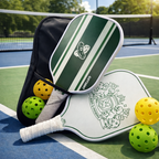 Two pickleball paddles and balls on a court with a black bag.