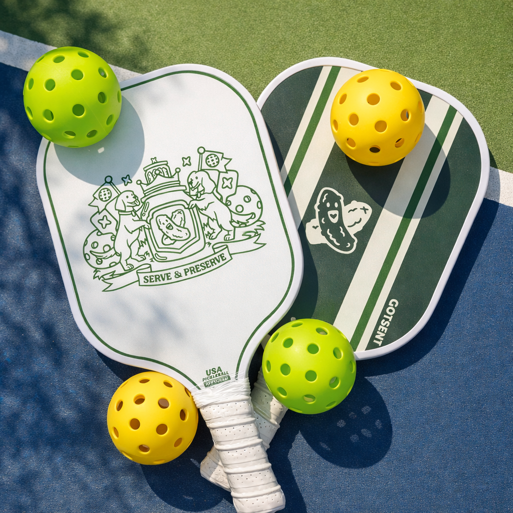 Two pickleball paddles with green and yellow balls on a blue and green surface.