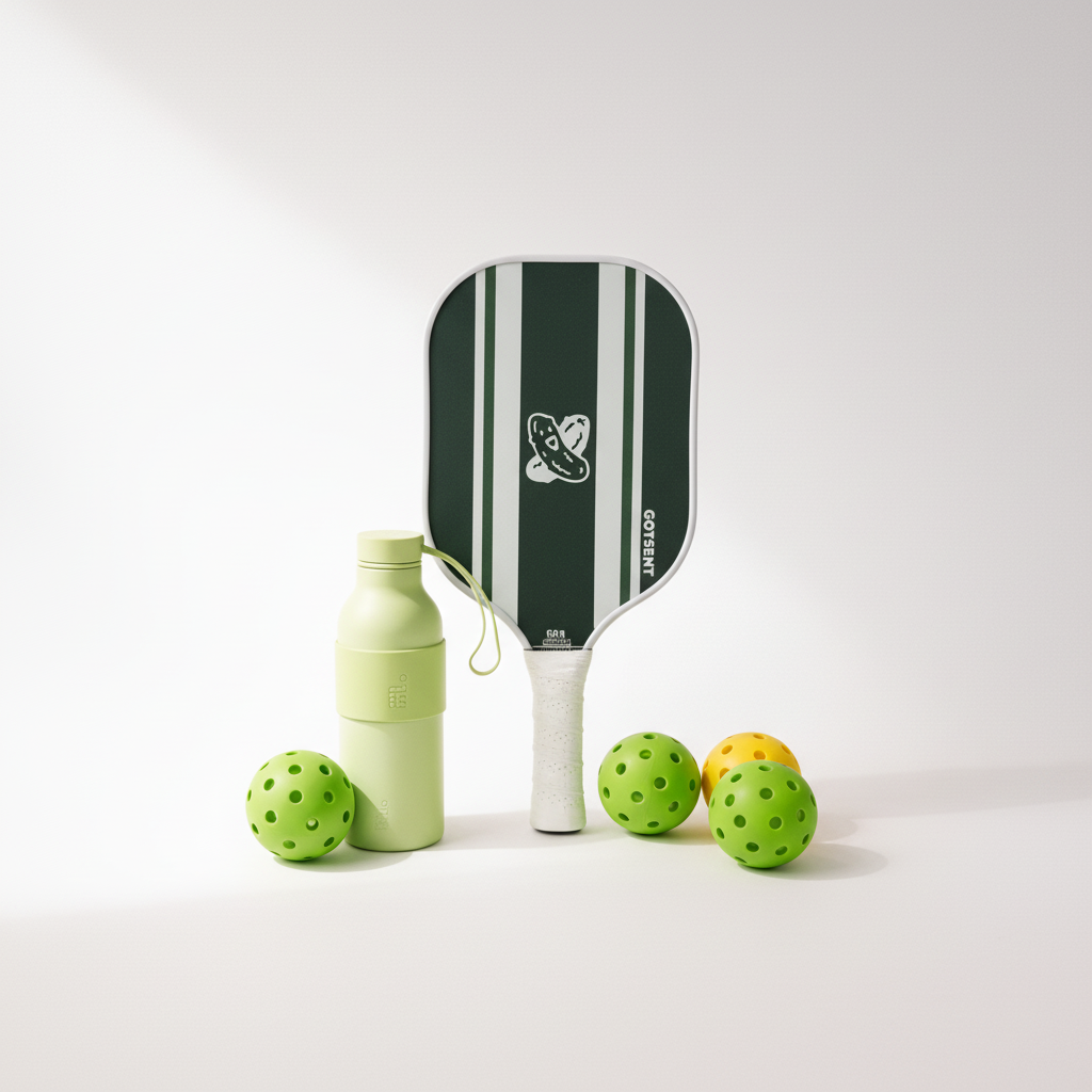 Pickleball paddle with green and white design, a green bottle, and three green pickleballs on a white background.