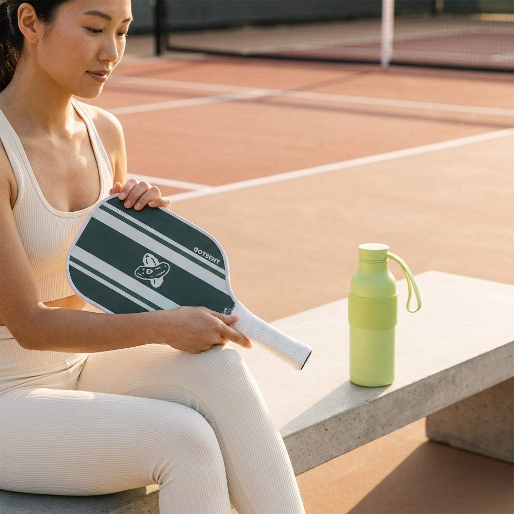 Woman holding a pickleball paddle on a court with a green bottle nearby