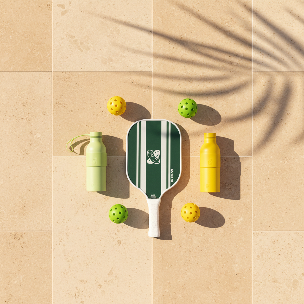 Pickleball paddle with balls and bottles on a beige surface