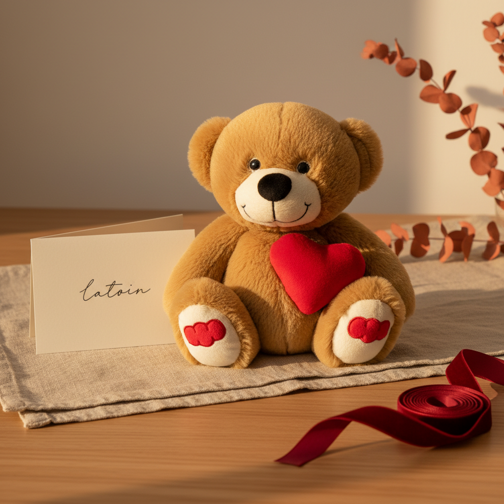 Brown teddy bear with a red heart, sitting on a wooden surface with a card and ribbon.