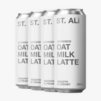 Four cans of St. Ali Oat Milk Latte on a white background