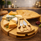 Bamboo wood personalised cheeseboard with cheese fork and knive.
