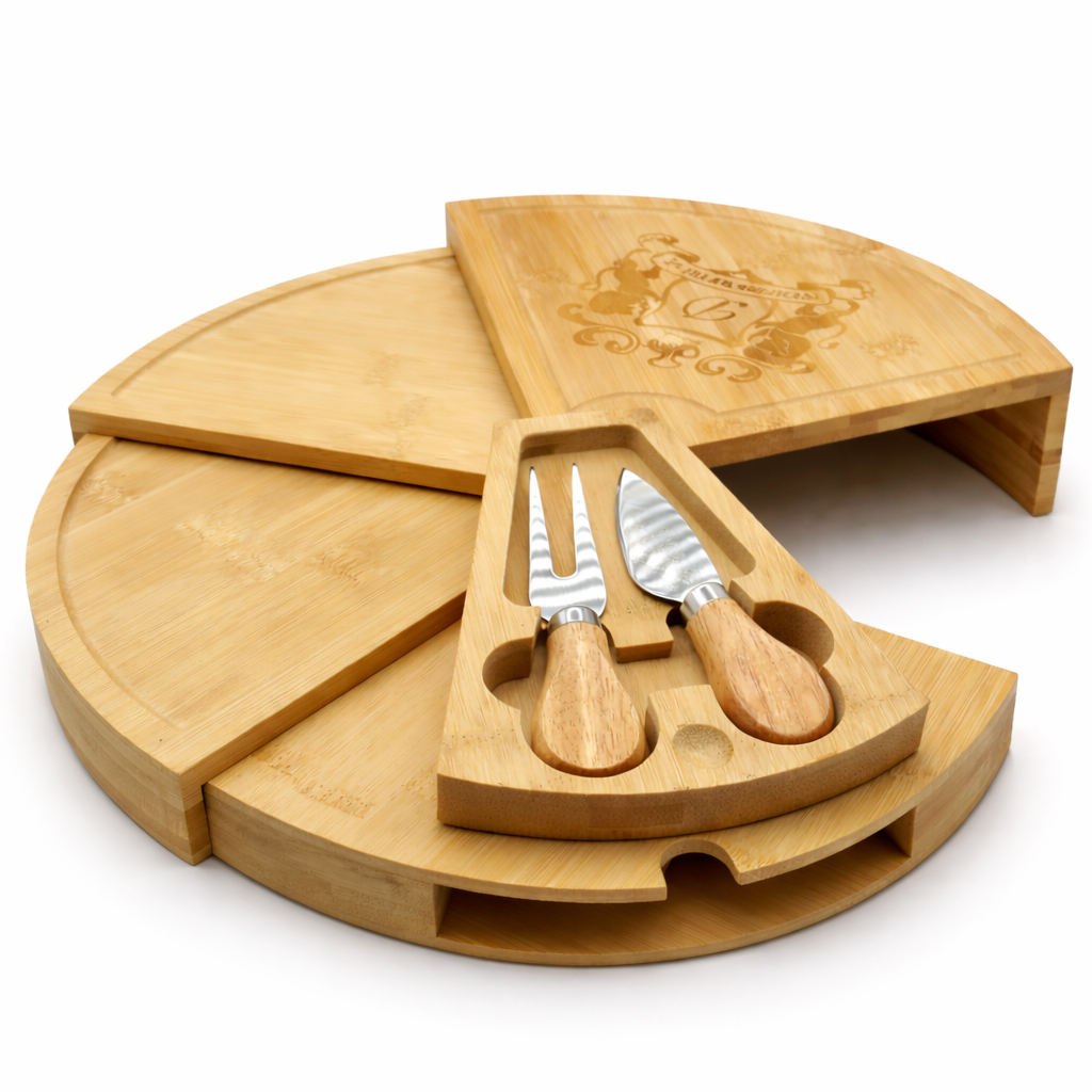 4 tier collapsible bamboo wooden cheeseboard with cheese knive and fork. Personalisation on bamboo wooden cheeseboard.