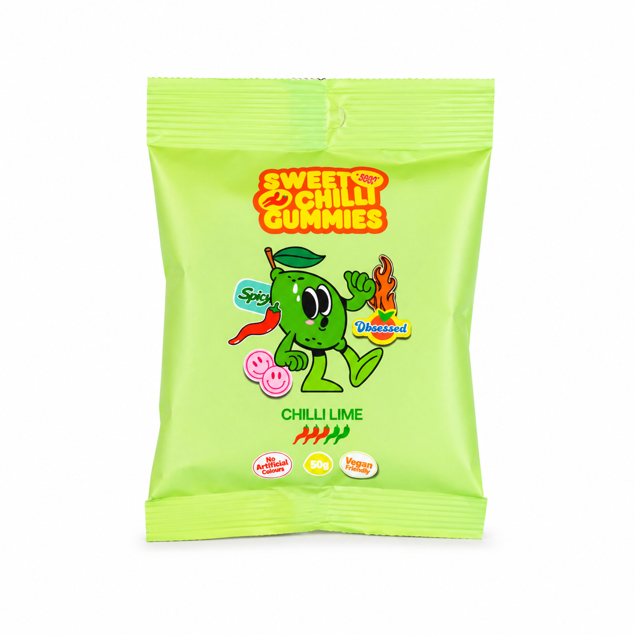 Green package of Sweet & Chilli Gummies with a cartoon character on a white background