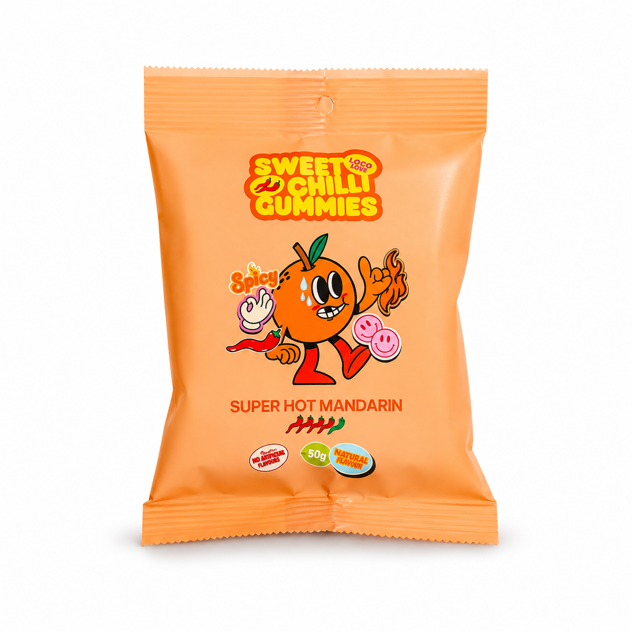 Orange packaging of Sweet Chilli Gummies with a cartoon character on a white background