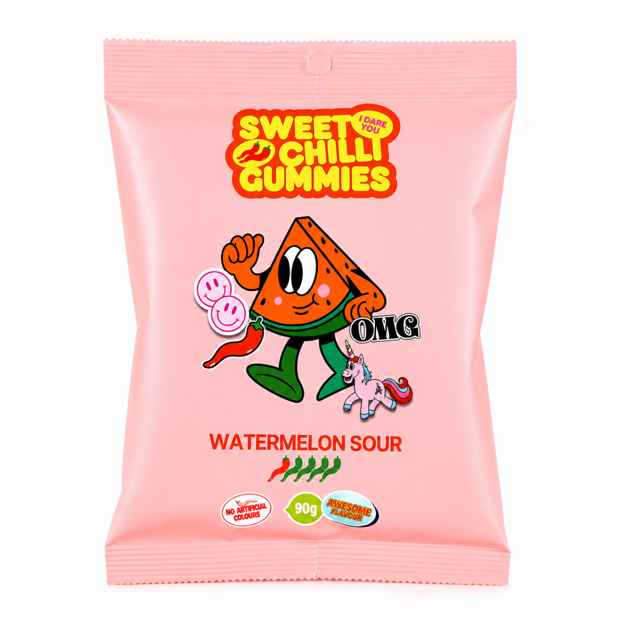 Pink packaging of Sweet Chilli Gummies with a cartoon character on a white background